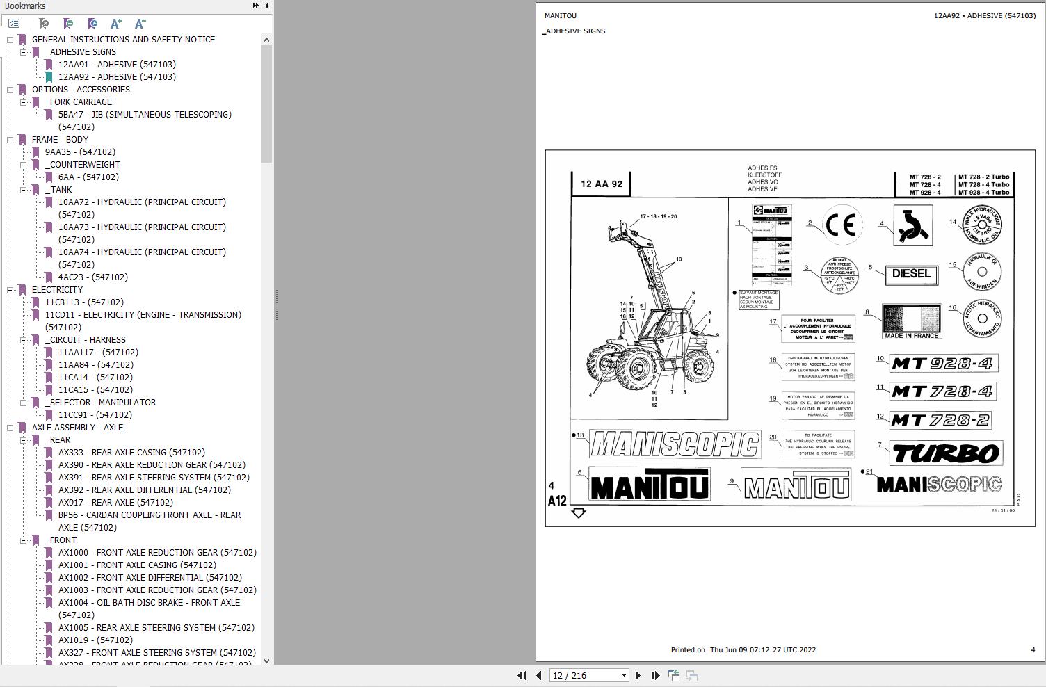 Manitou Telehandler MT 728 2 to MT 928 4 Turbo Parts Catalog 547103