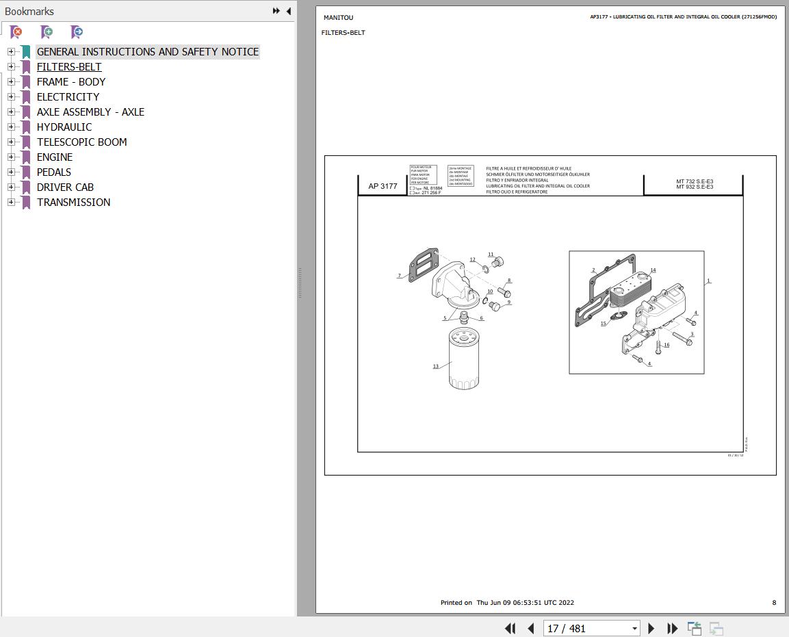 Manitou Telehandler MT 728 SD E3 Parts Catalog 547998