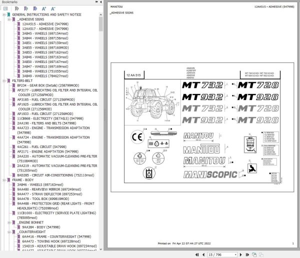 Manitou Telehandler MT 728 SD E3 to MT 932 SD E3 Parts Catalog 547998
