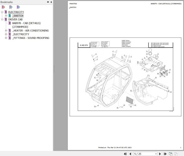 Manitou Telehandler MT 728 TURBO SD E3 Parts Catalog 273984MOD