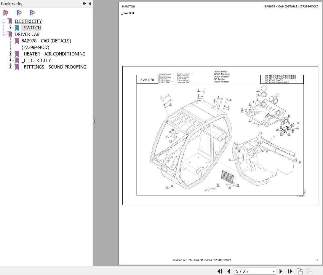 Manitou Telehandler MT 728 TURBO SD E3 Parts Catalog 273984MOD