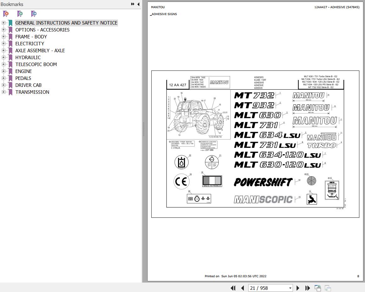 Manitou Telehandler MT 732 MT 932 Parts Catalog 547845