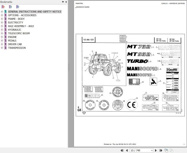 Manitou Telehandler MT 732 Parts Catalog 547787