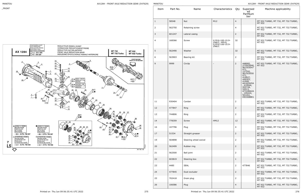 Manitou Telehandler MT 732 Parts Catalog 547787