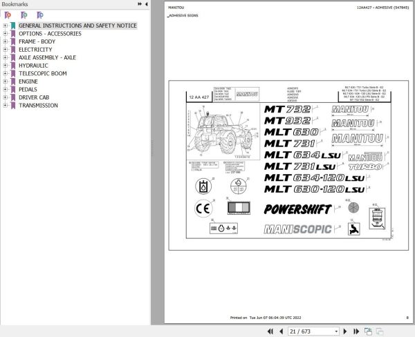 Manitou Telehandler MT 732 SB E2 Parts Catalog 547845
