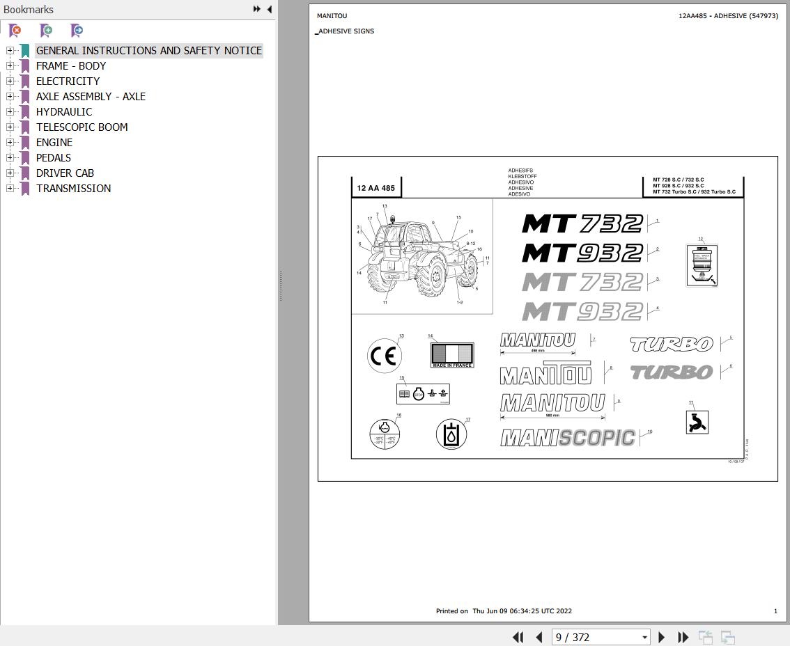 Manitou Telehandler MT 732 SC E2 Parts Catalog 547973