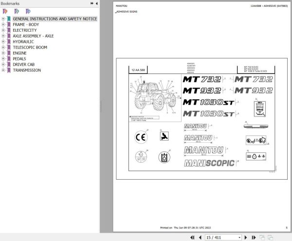 Manitou Telehandler MT 732 SE E3 Parts Catalog 647083