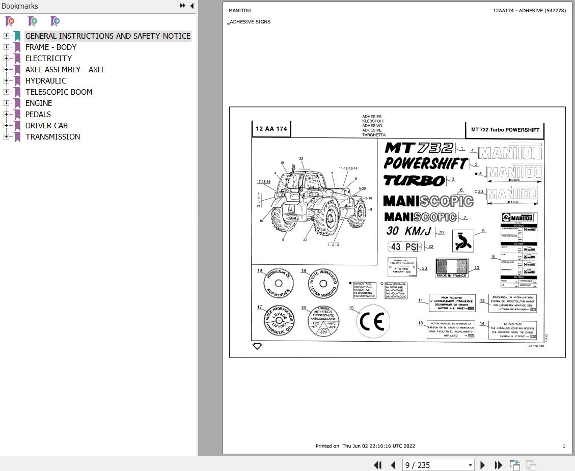 Manitou Telehandler MT 732 TURBO POWERSHIFT Parts Catalog 547778