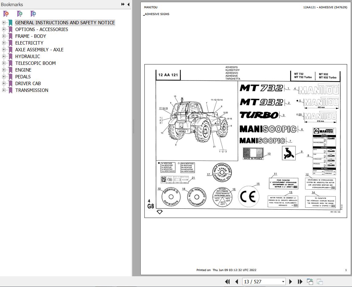 Manitou Telehandler MT 732 TURBO Parts Catalog 547629