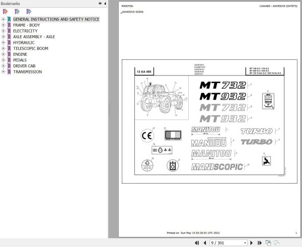 Manitou Telehandler MT 732 TURBO SC E2 Parts Catalog 547973