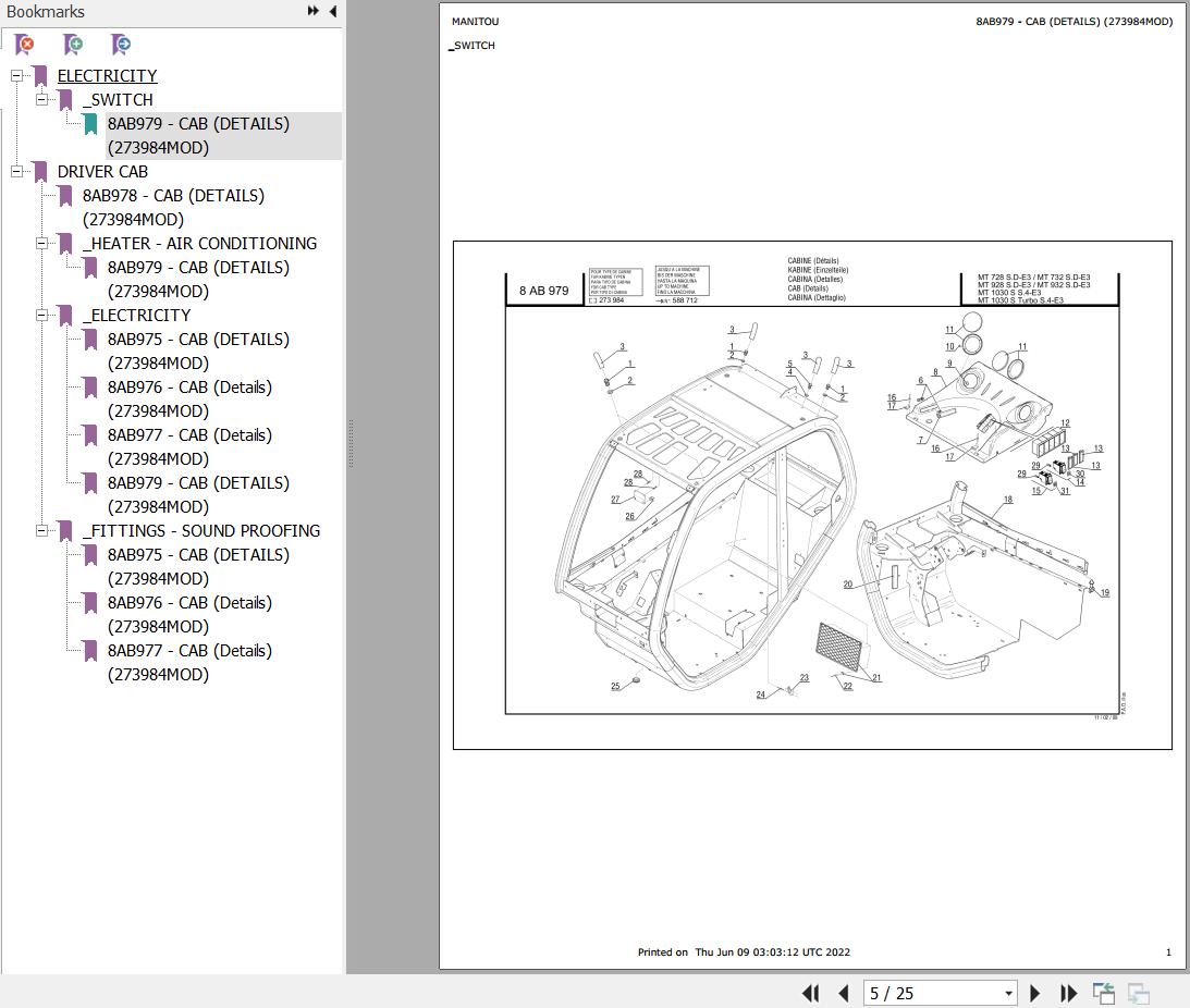 Manitou Telehandler MT 732 TURBO SD E3 Parts Catalog 273984MOD