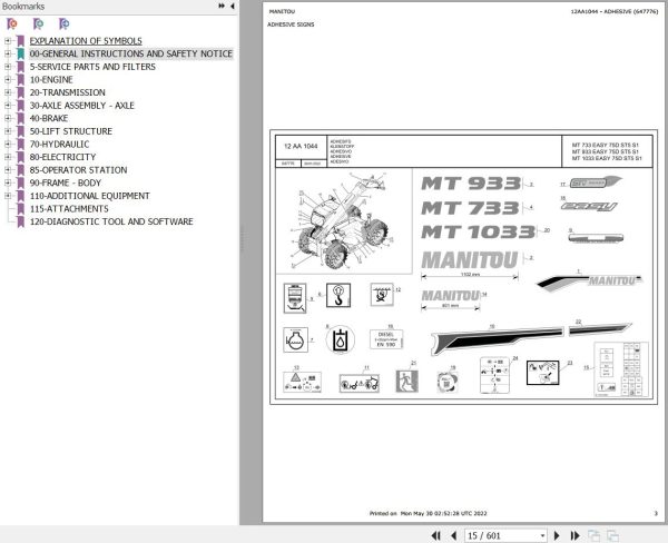 Manitou Telehandler MT 733 EASY 75D ST5 S1 Parts Catalog 647776