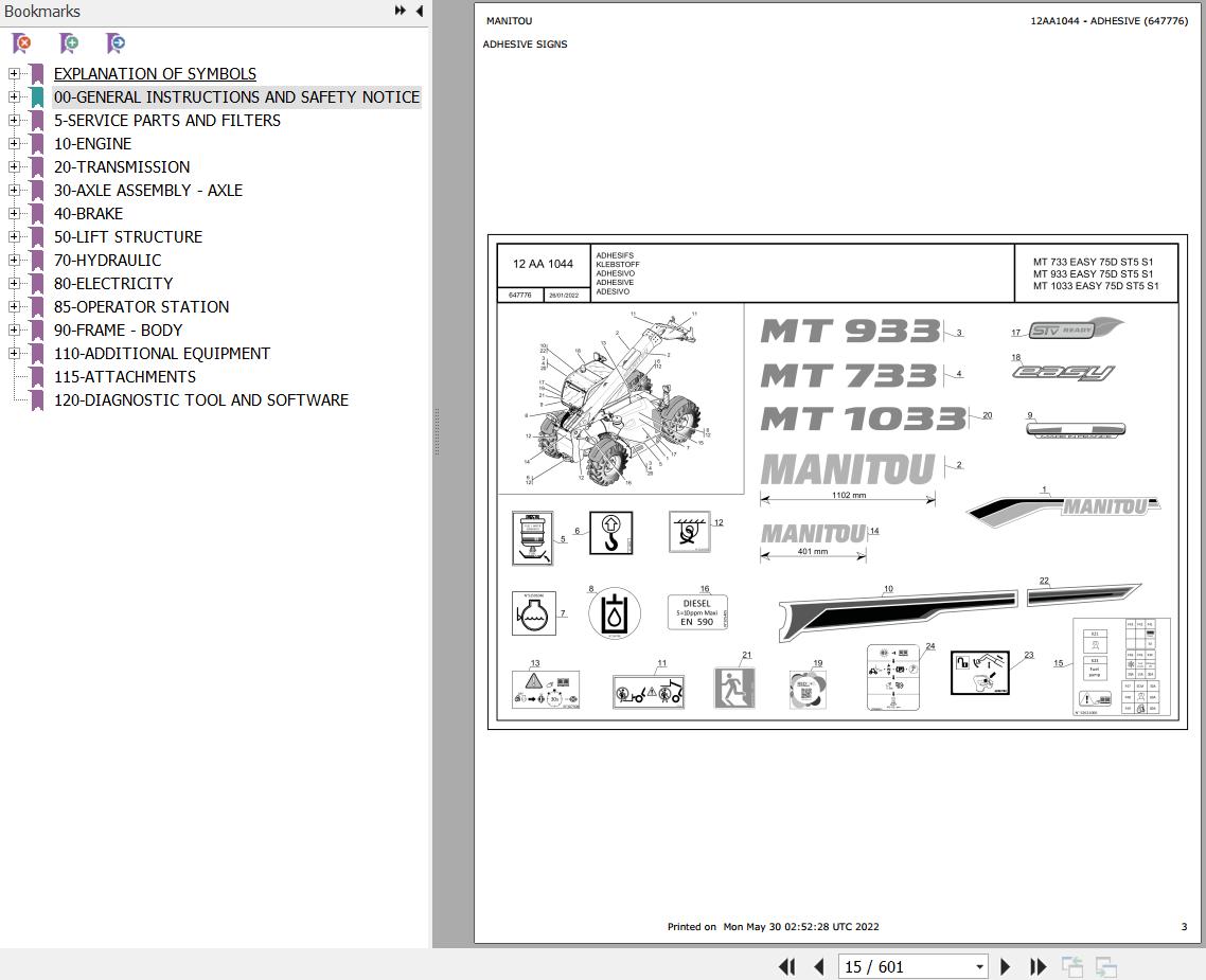 Manitou Telehandler MT 733 EASY 75D ST5 S1 Parts Catalog 647776