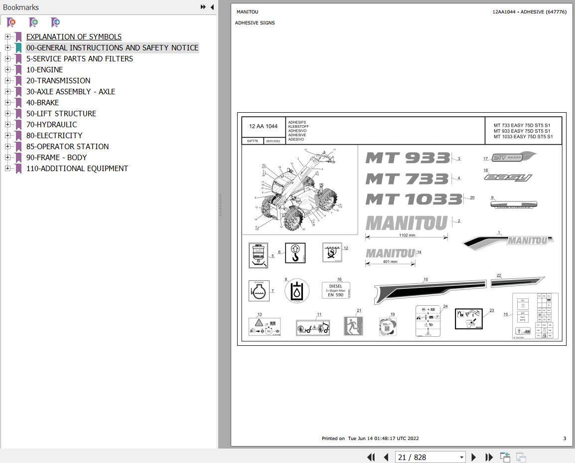 Manitou Telehandler MT 733 to MT 1033 EASY 75D ST5 S1 Parts Catalog 647776