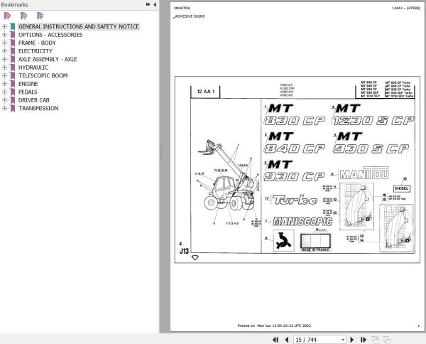 Manitou Telehandler MT 830 CP TURBO Parts Catalog 47938