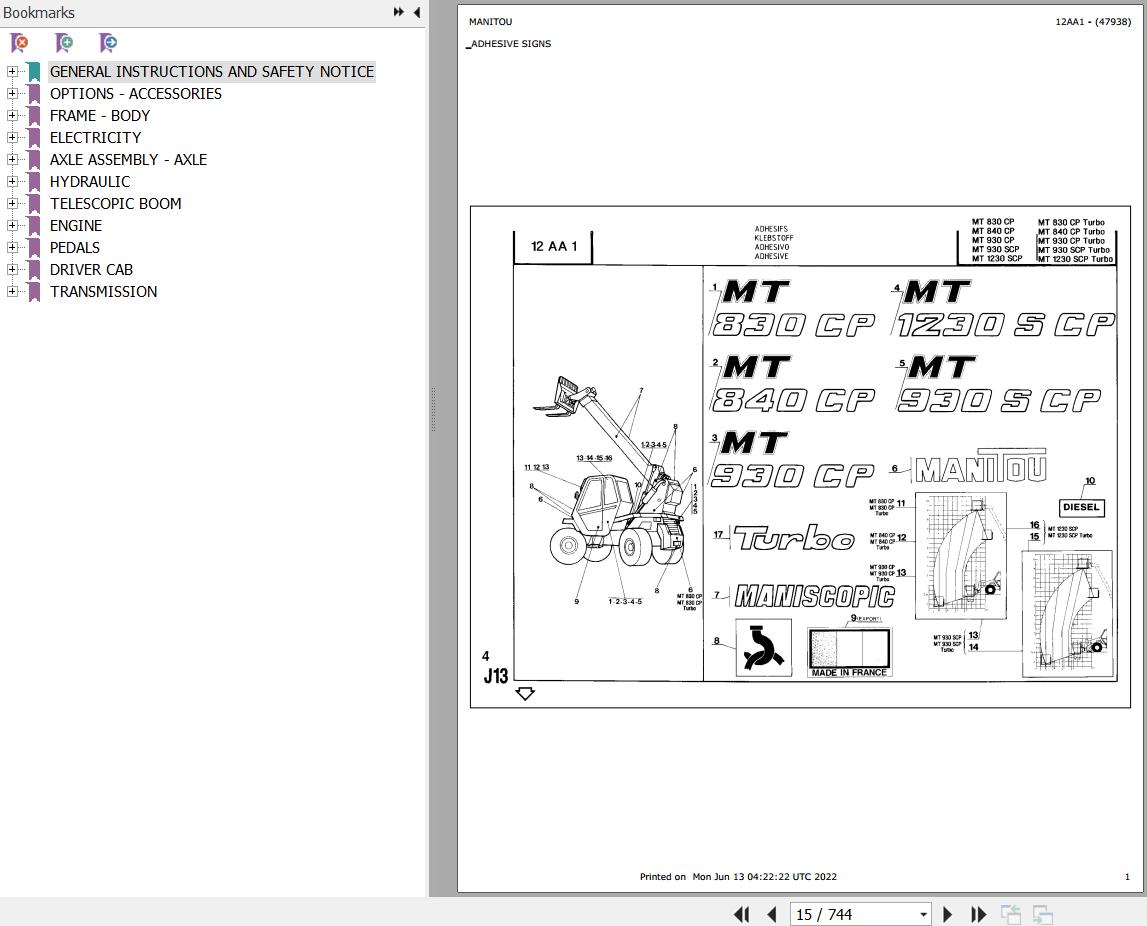 Manitou Telehandler MT 830 CP TURBO Parts Catalog 47938