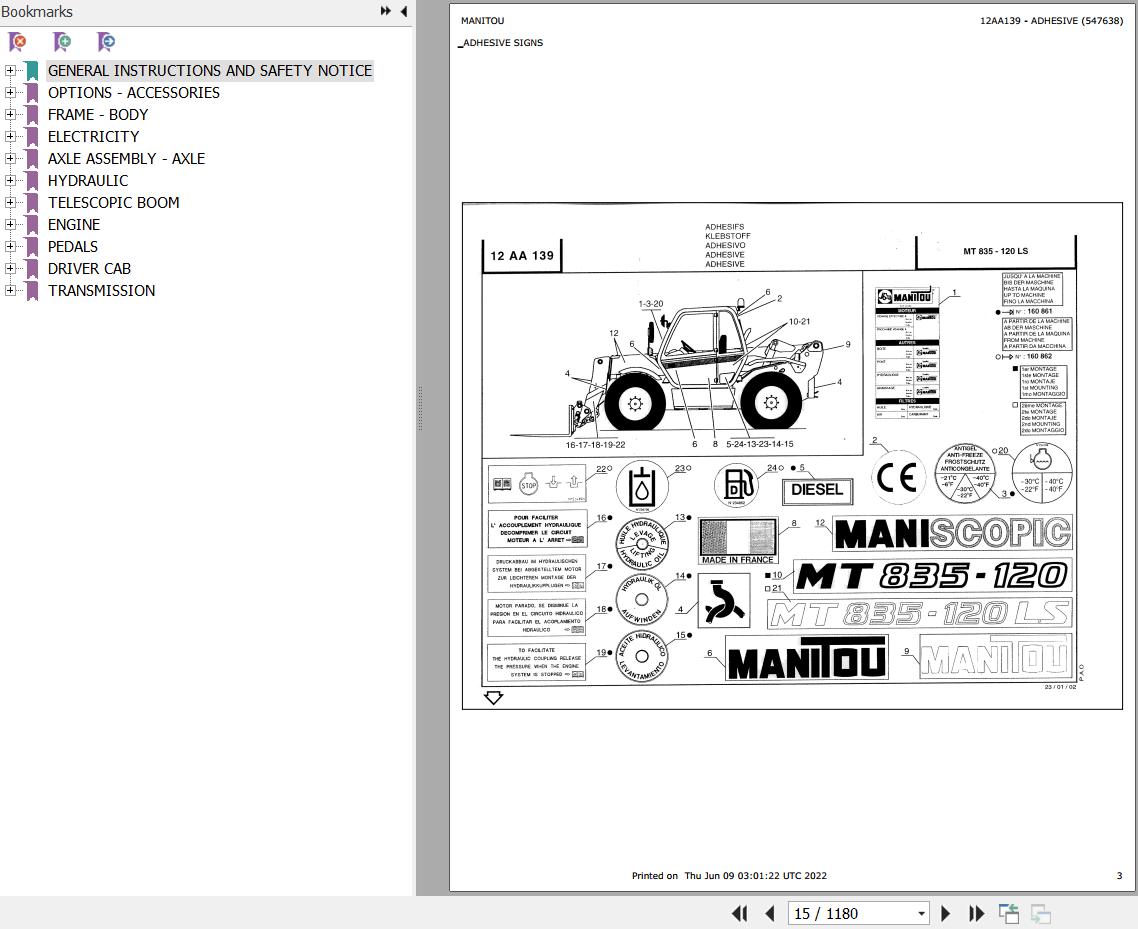 Manitou Telehandler MT 835 120 LS S2 Parts Catalog 547638