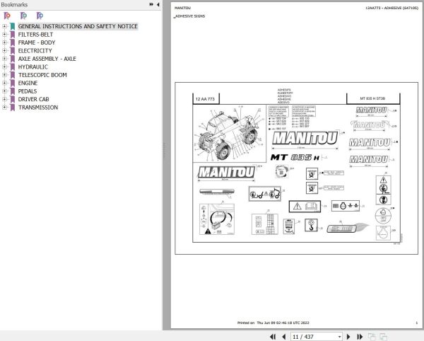 Manitou Telehandler MT 835 H ST3B Parts Catalog 647105