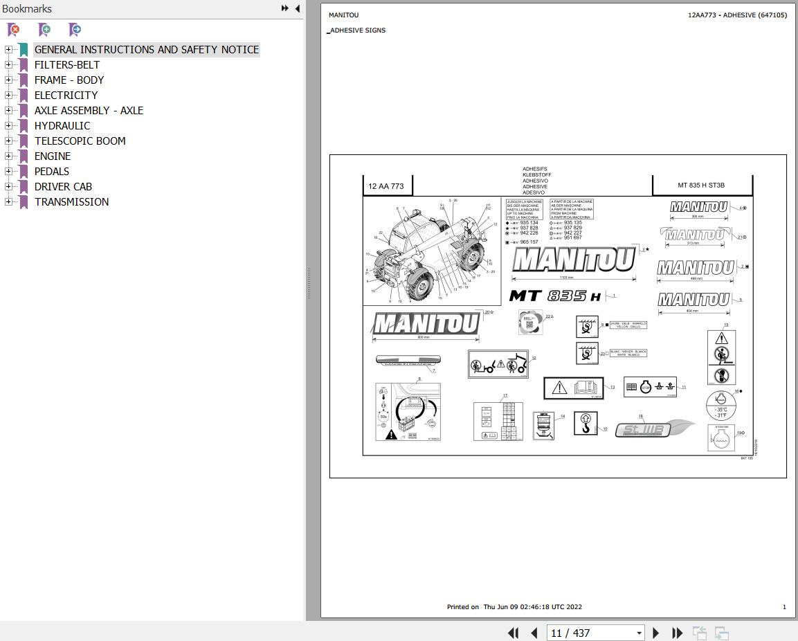 Manitou Telehandler MT 835 H ST3B Parts Catalog 647105
