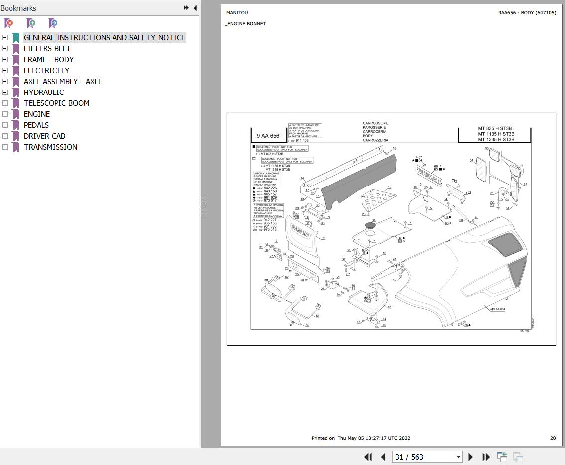 Manitou Telehandler MT 835 H ST3B to MT 1335 H ST3B Parts Catalog 647105