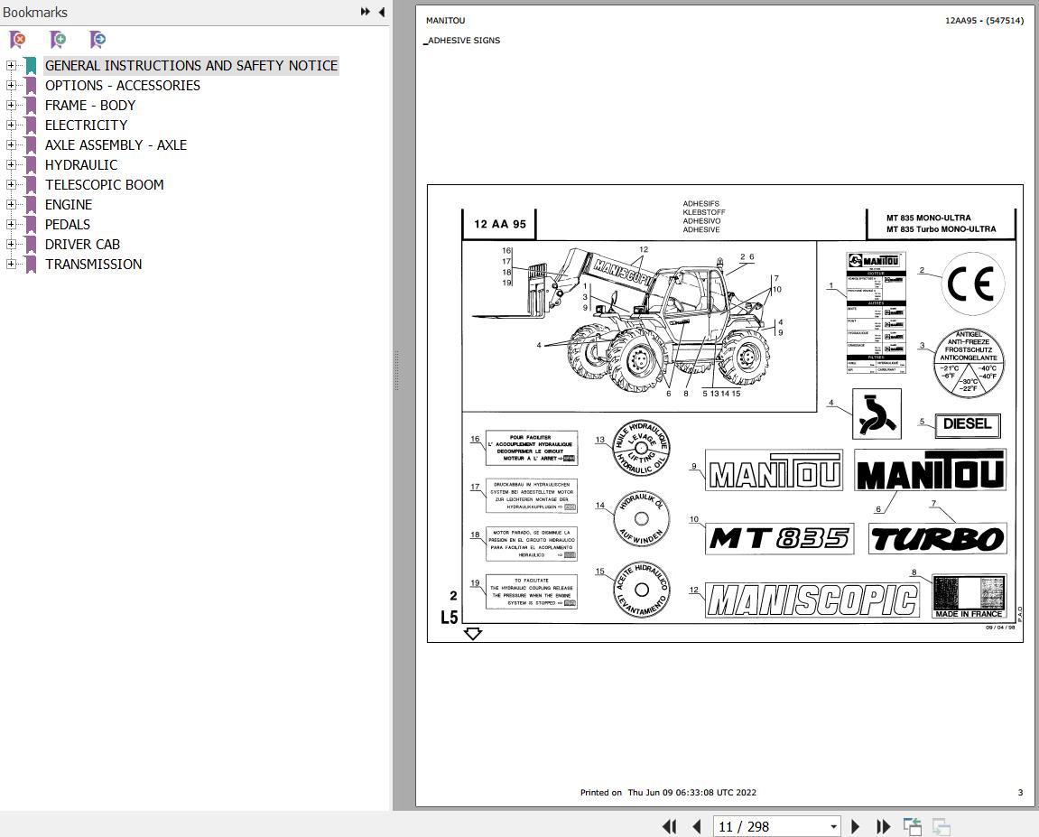 Manitou Telehandler MT 835 MONO ULTRA Parts Catalog 547514