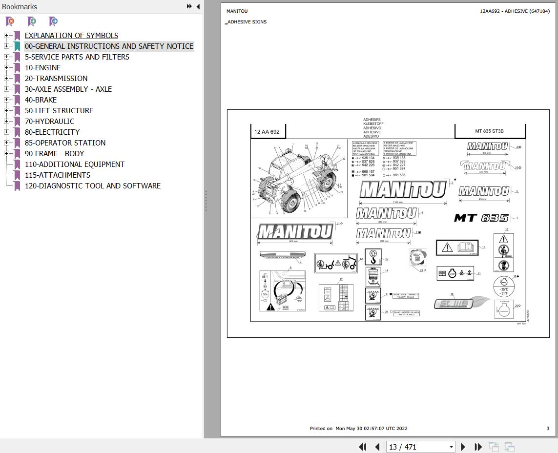 Manitou Telehandler MT 835 ST3B Parts Catalog 647104