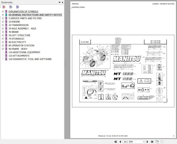 Manitou Telehandler MT 835 ST3B to MT 1335 ST3B Parts Catalog 647104