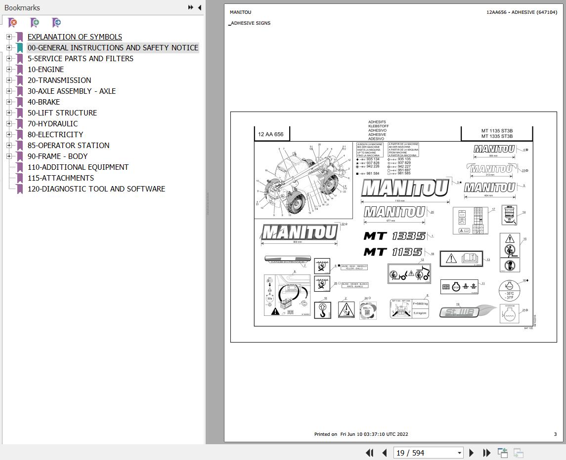 Manitou Telehandler MT 835 ST3B to MT 1335 ST3B Parts Catalog 647104