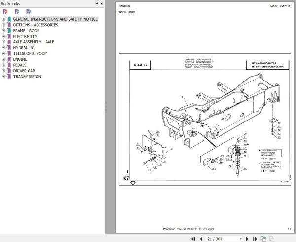 Manitou Telehandler MT 835 TURBO MONO ULTRA Parts Catalog 547514