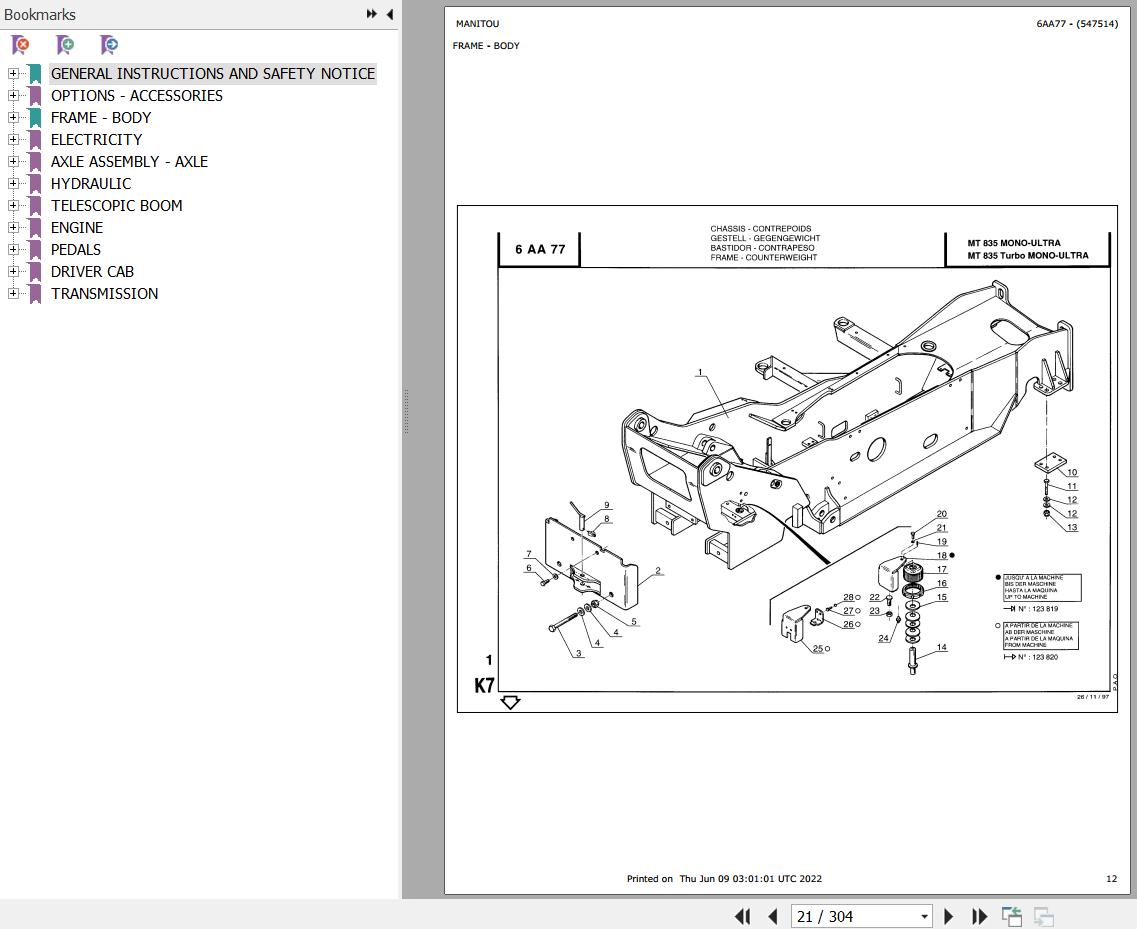 Manitou Telehandler MT 835 TURBO MONO ULTRA Parts Catalog 547514
