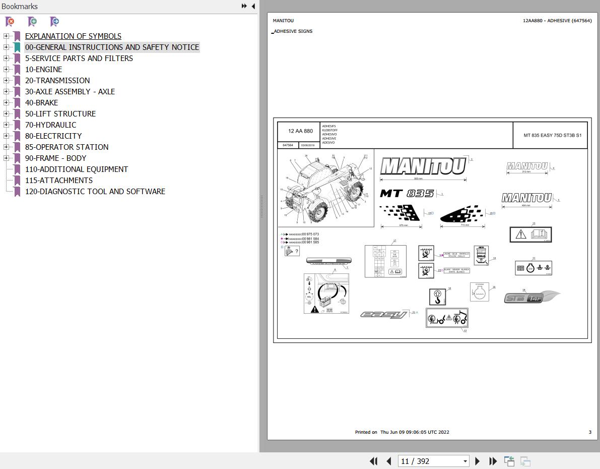 Manitou Telehandler MT 835 to MT 1335 EASY 75D ST3B S1 Parts Catalog 647564