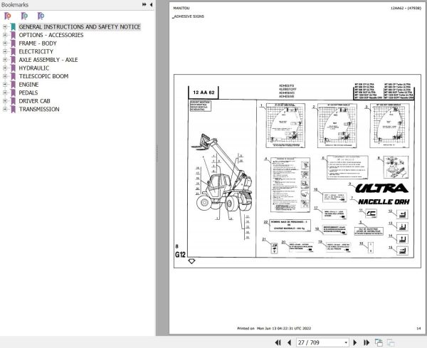 Manitou Telehandler MT 840 CP ULTRA Parts Catalog 47938
