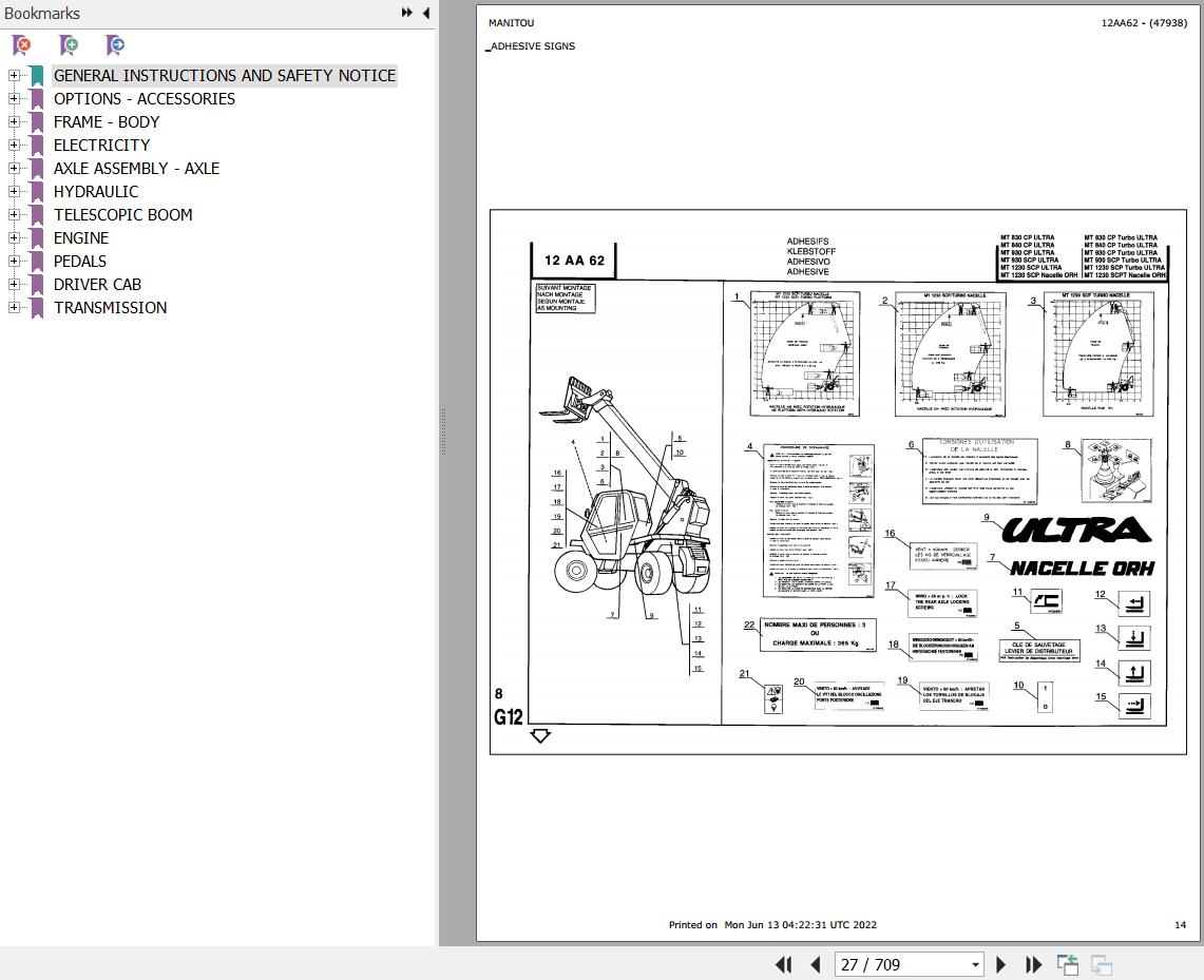 Manitou Telehandler MT 840 CP ULTRA Parts Catalog 47938