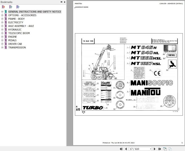 Manitou Telehandler MT 845 H TURBO Parts Catalog 547641