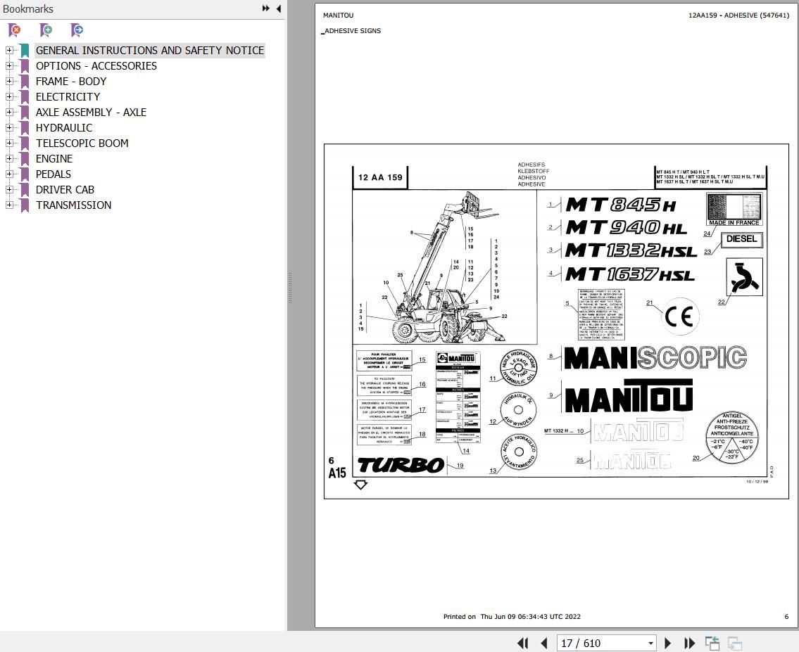 Manitou Telehandler MT 845 H TURBO Parts Catalog 547641