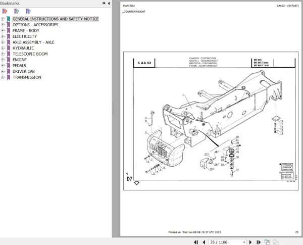 Manitou Telehandler MT 845 Parts Catalog 547107
