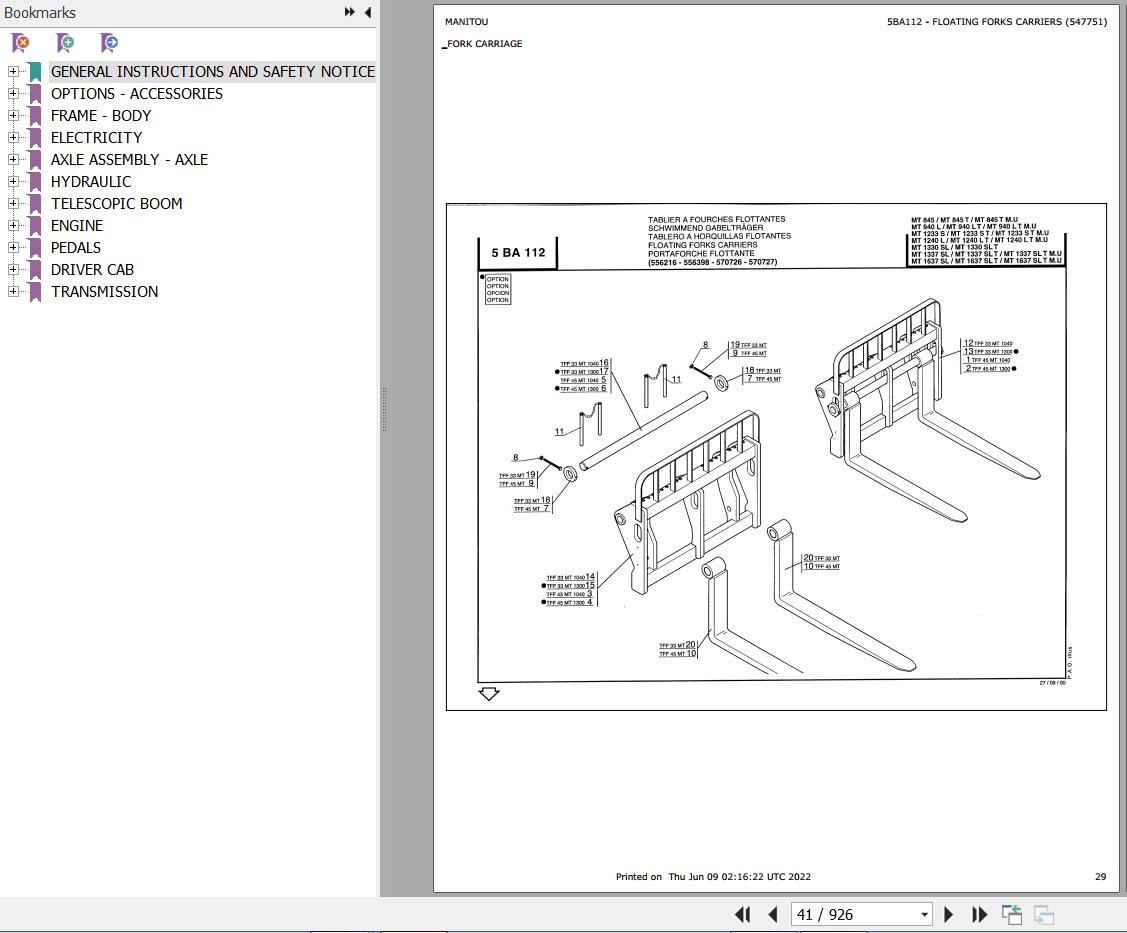 Manitou Telehandler MT 845 S2 Parts Catalog 547751