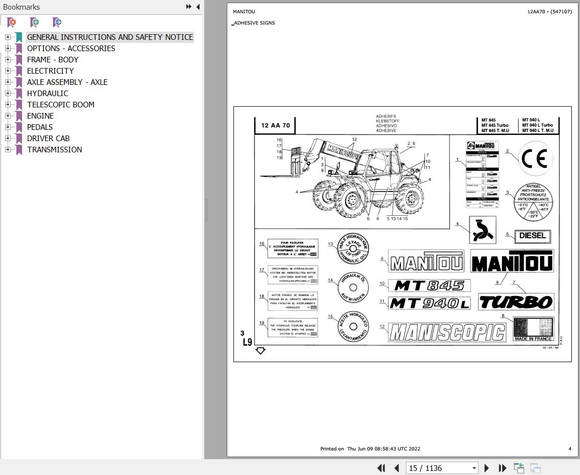 Manitou Telehandler MT 845 TURBO MONO ULTRA Parts Catalog 547107