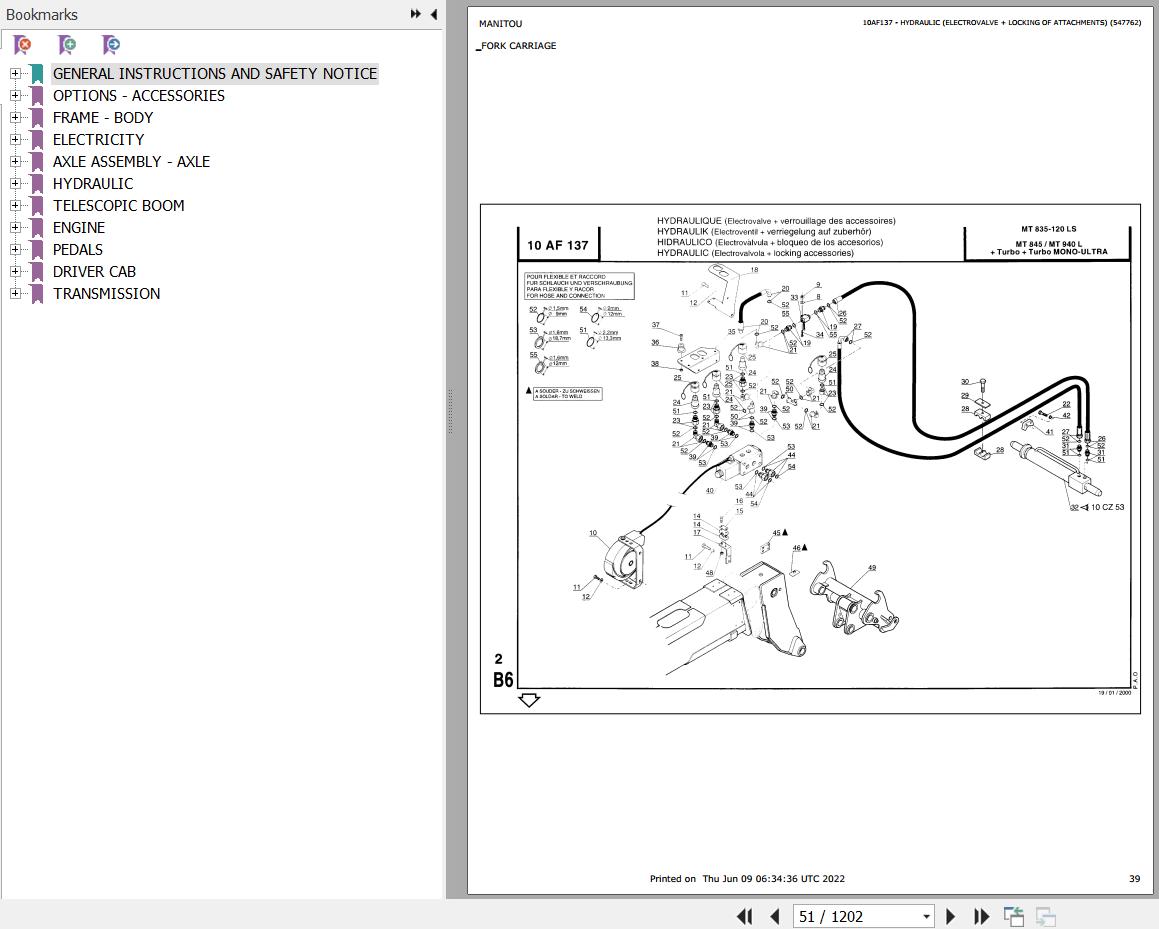 Manitou Telehandler MT 845 TURBO MONO ULTRA S2 Parts Catalog 547751