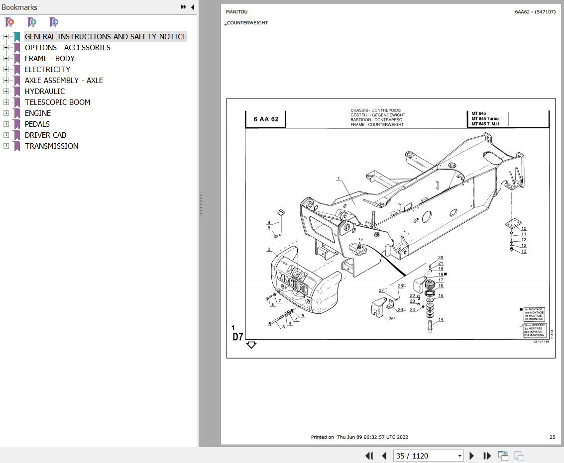 Manitou Telehandler MT 845 TURBO Parts Catalog 547107