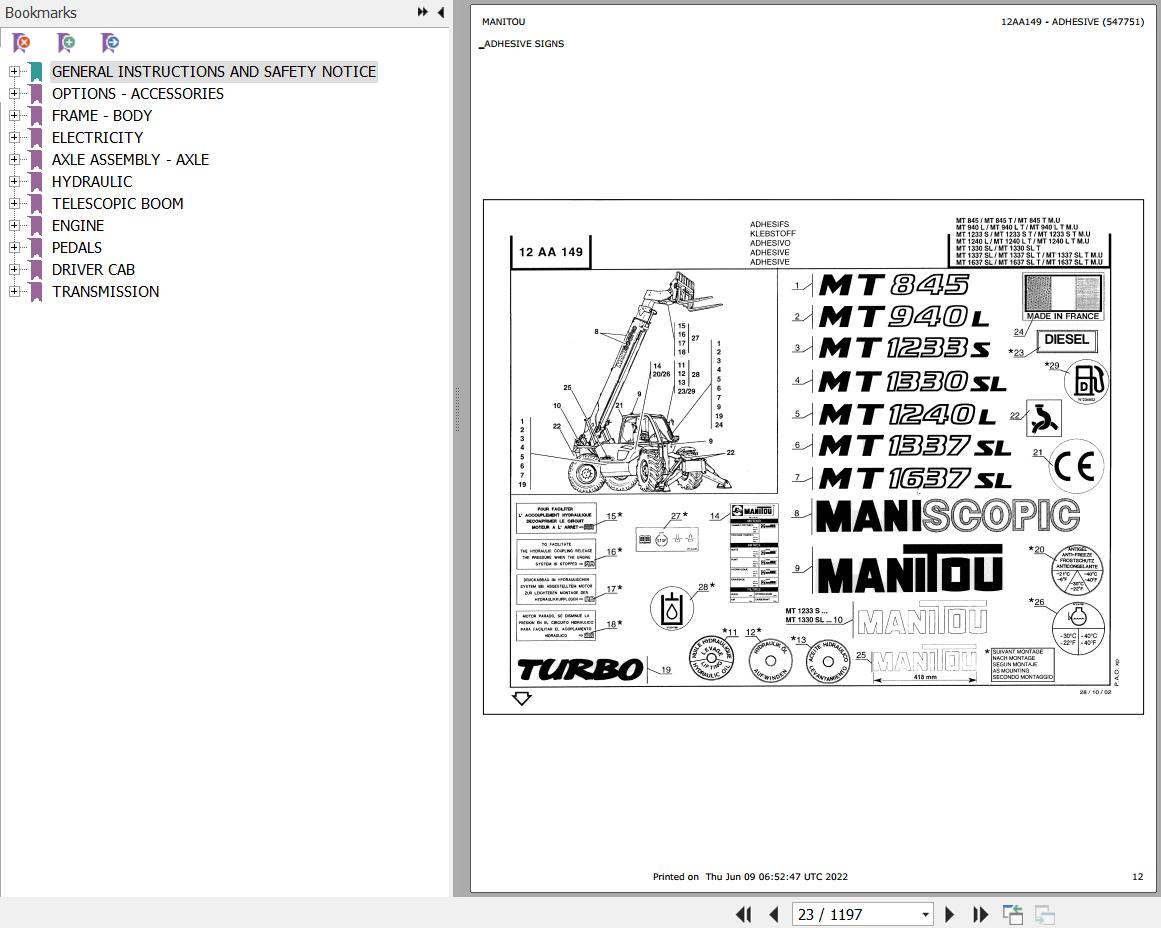 Manitou Telehandler MT 845 TURBO S2 Parts Catalog 547751