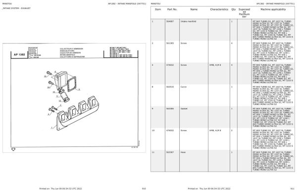 Manitou Telehandler MT 845 TURBO S2 Parts Catalog 547751 1