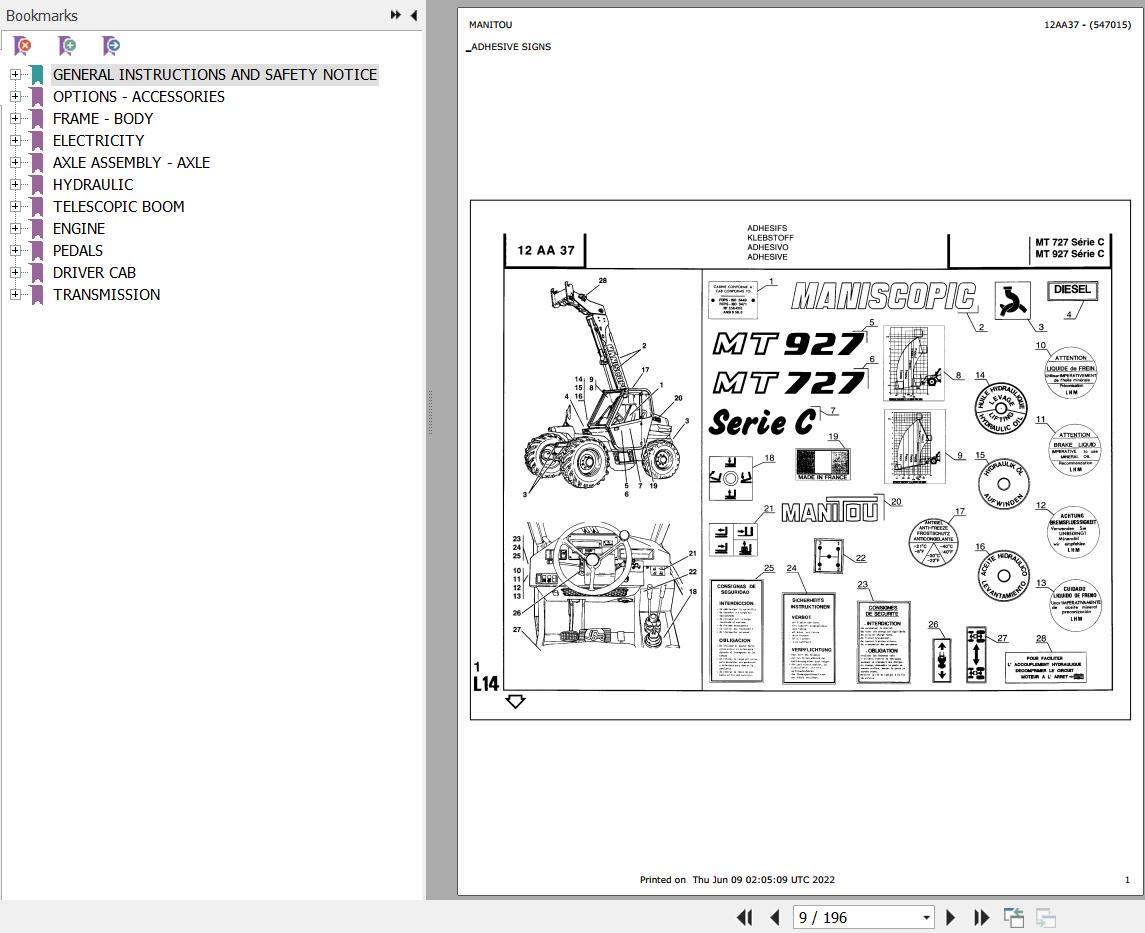 Manitou Telehandler MT 927 SERIE C Parts Catalog 547015