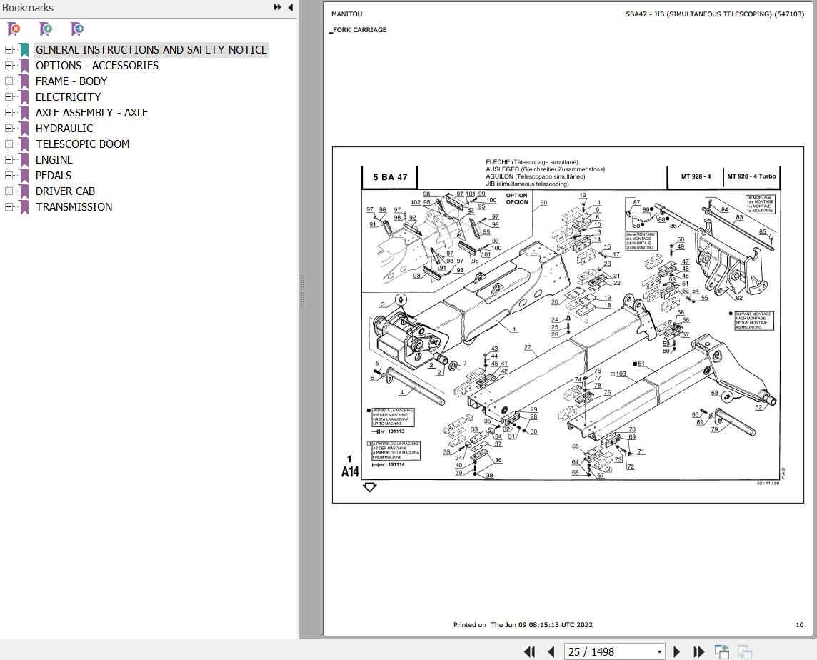 Manitou Telehandler MT 928 4 TURBO Parts Catalog 547103