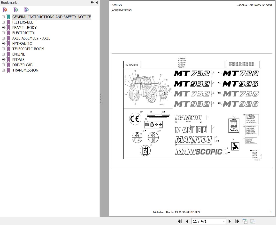 Manitou Telehandler MT 928 SD E3 Parts Catalog 547998