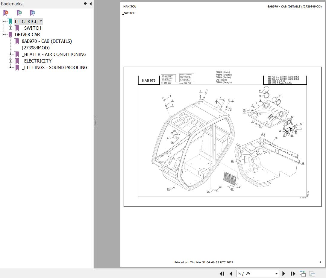 Manitou Telehandler MT 928 TURBO SD E3 Parts Catalog 273984MOD