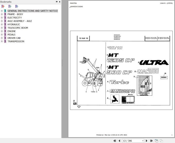 Manitou Telehandler MT 930 CP TURBO 10 10 ULTRA Parts Catalog 47976