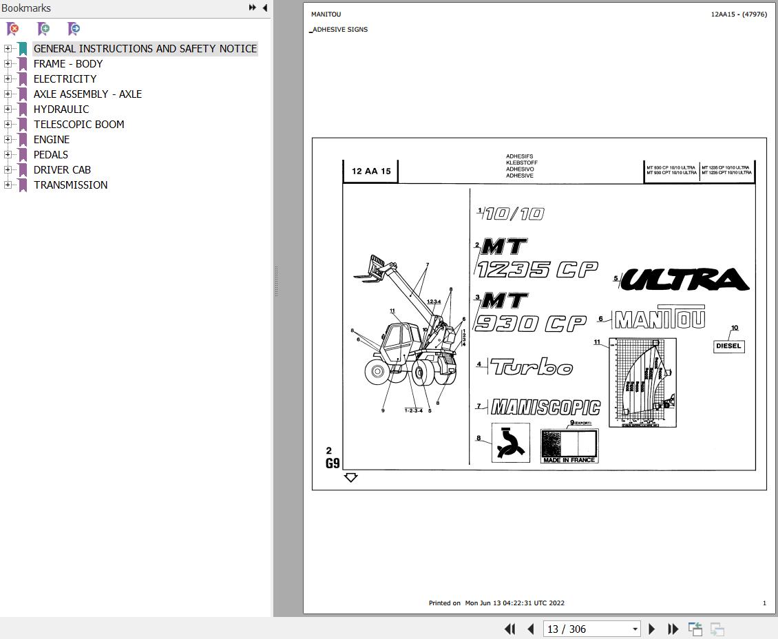 Manitou Telehandler MT 930 CP TURBO 10 10 ULTRA Parts Catalog 47976