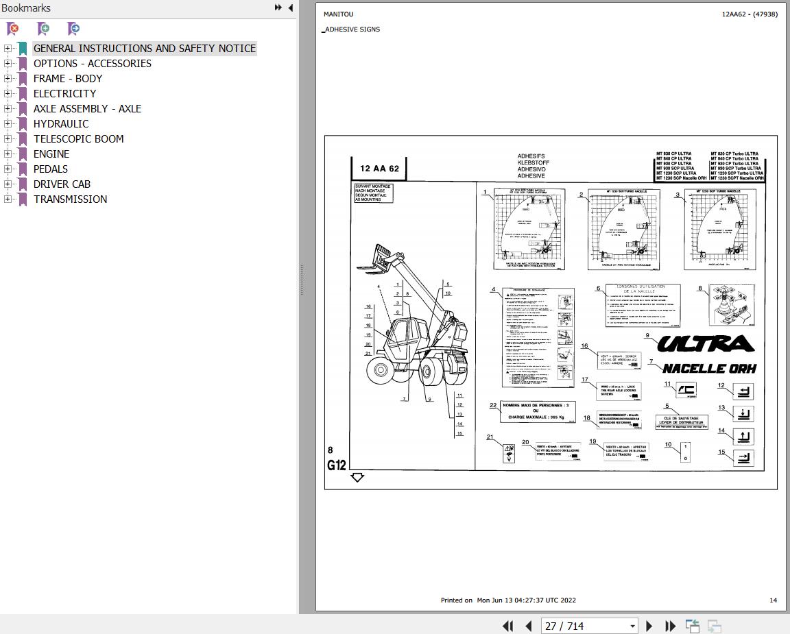Manitou Telehandler MT 930 CP ULTRA Parts Catalog 47938