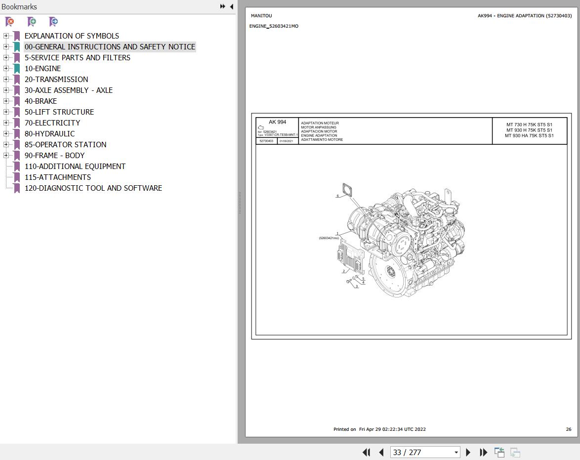 Manitou Telehandler MT 930 H 75K ST5 S1 Parts Catalog 52730403